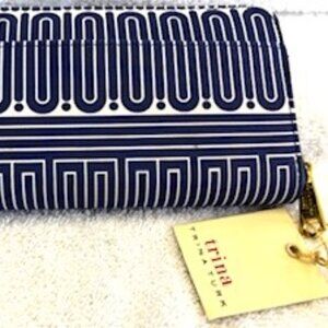 Trina Turk blue and white geometric zip close wallet NWT